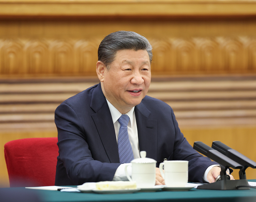 3月5日，中共中央總書記、國家主席、中央軍委主席習近平參加他所在的十四屆全國人大二次會議江蘇代表團審議。新華社記者 鞠鵬 攝