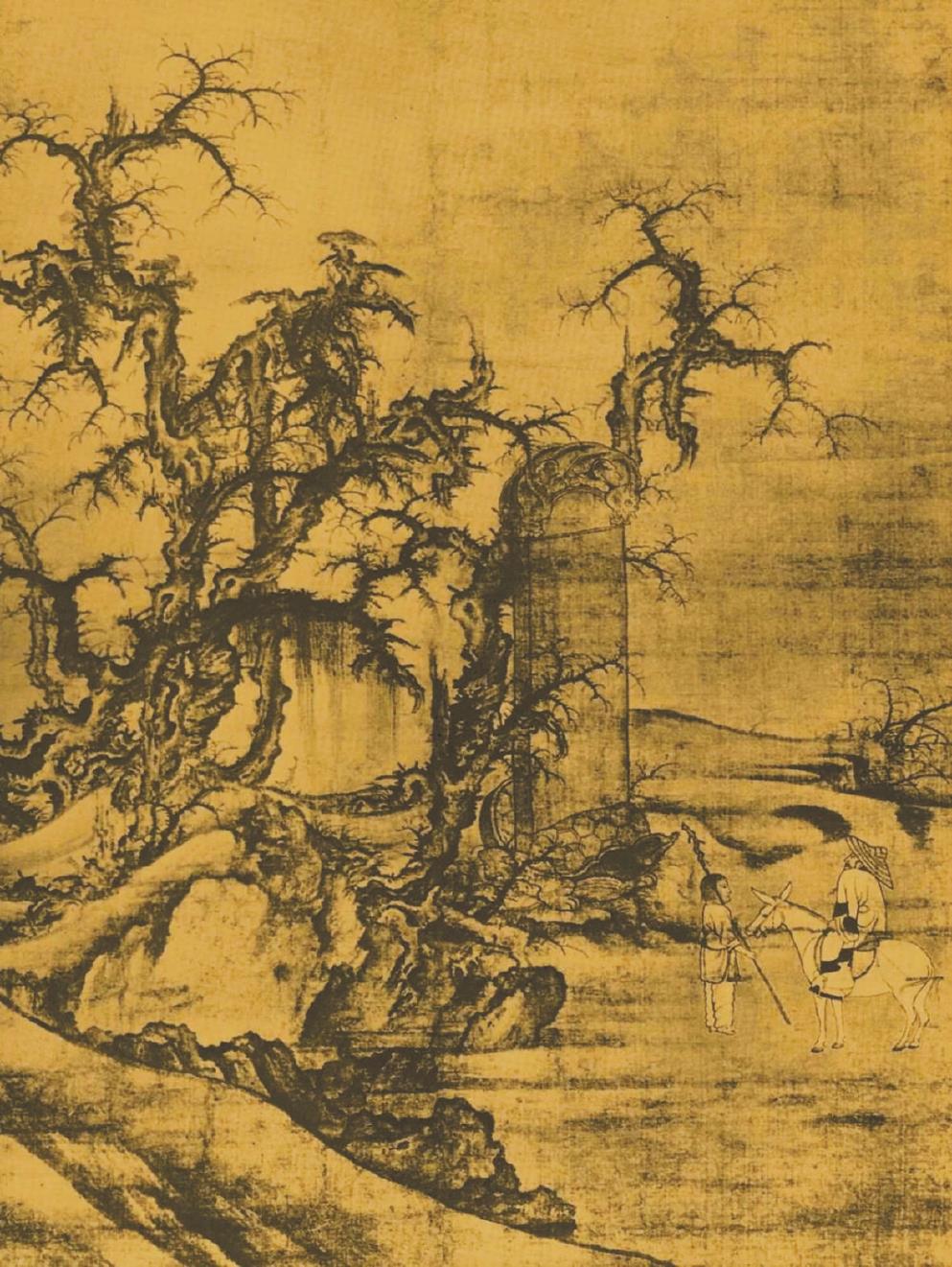 《黑神話：悟空》中的室外場景，隨處可見中國古代山水畫的影子。左圖為游戲畫面，右圖為北宋李成《讀碑窠石圖》。
